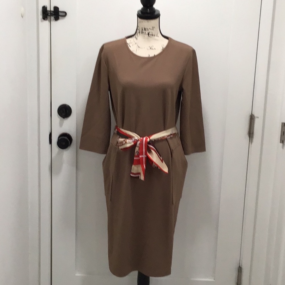 Preowned. Zara Brown Sheath Dress with Self Tie Accent 3/4 Sleeves